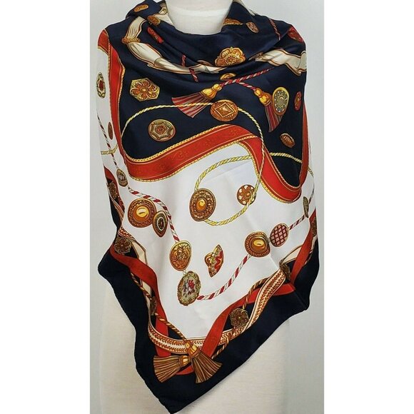 Italian Blue Framed Scarf Wrap Medallions Tassels 44" Square Vintage Polyester - Picture 3 of 11